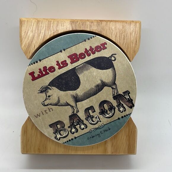 New CounterArt Absorbent Coaster Set (4) Pig  with Wood Holder 4" square Gift - Picture 5 of 8